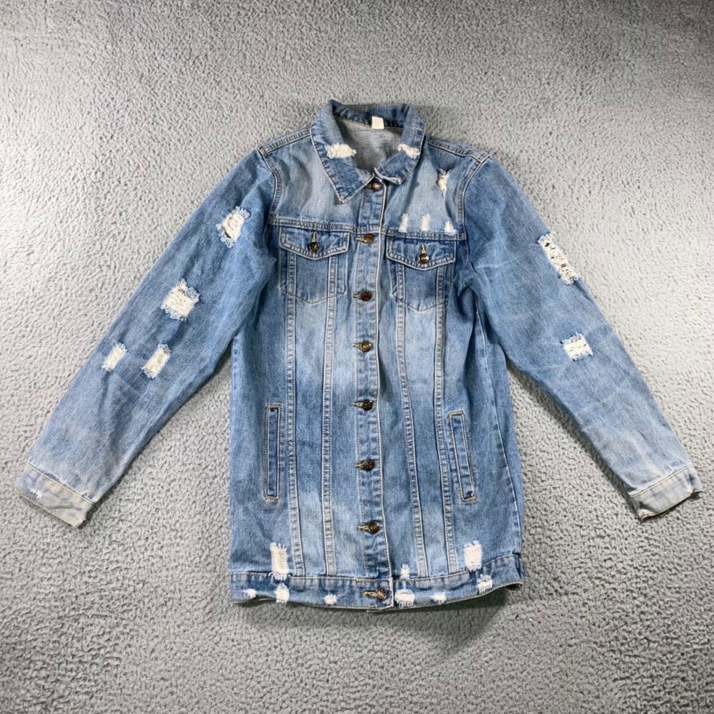 Distressed Longline Denim Jean Jacket  Womens S Edgy 90s Indie Festival Layering